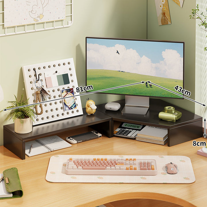 Corner Wooden Monitor Riser with Dual-Tier Storage Shelf