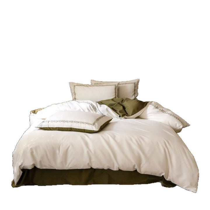 Reversible Cotton Sateen Duvet Cover Set with Contrast Hem and Embroidered Border Pillow Shams