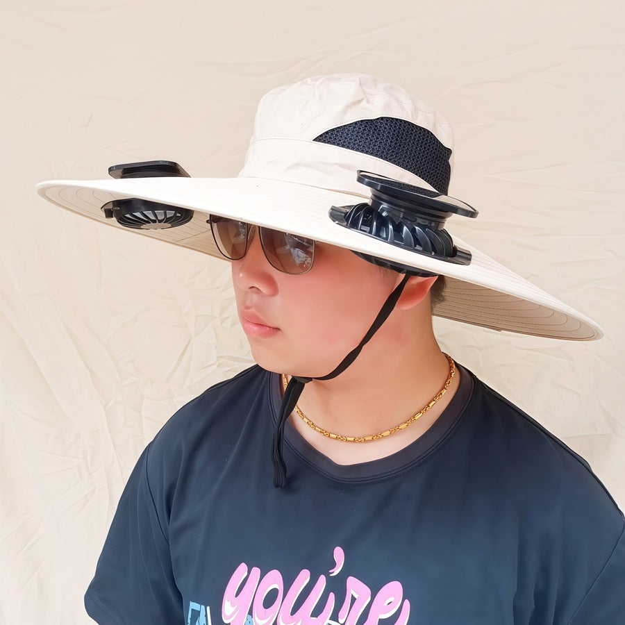 Wide-brimmed sun hat with detachable swivel solar fans and adjustable chin strap Stornfield