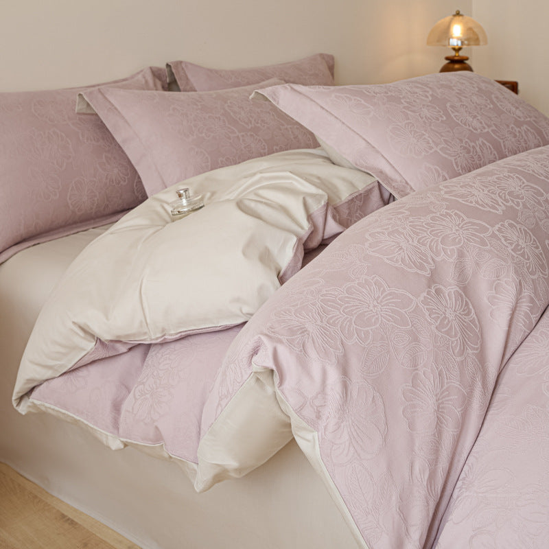 Floral Jacquard Cotton Duvet Cover Set with Pillowcases and Hidden Zipper