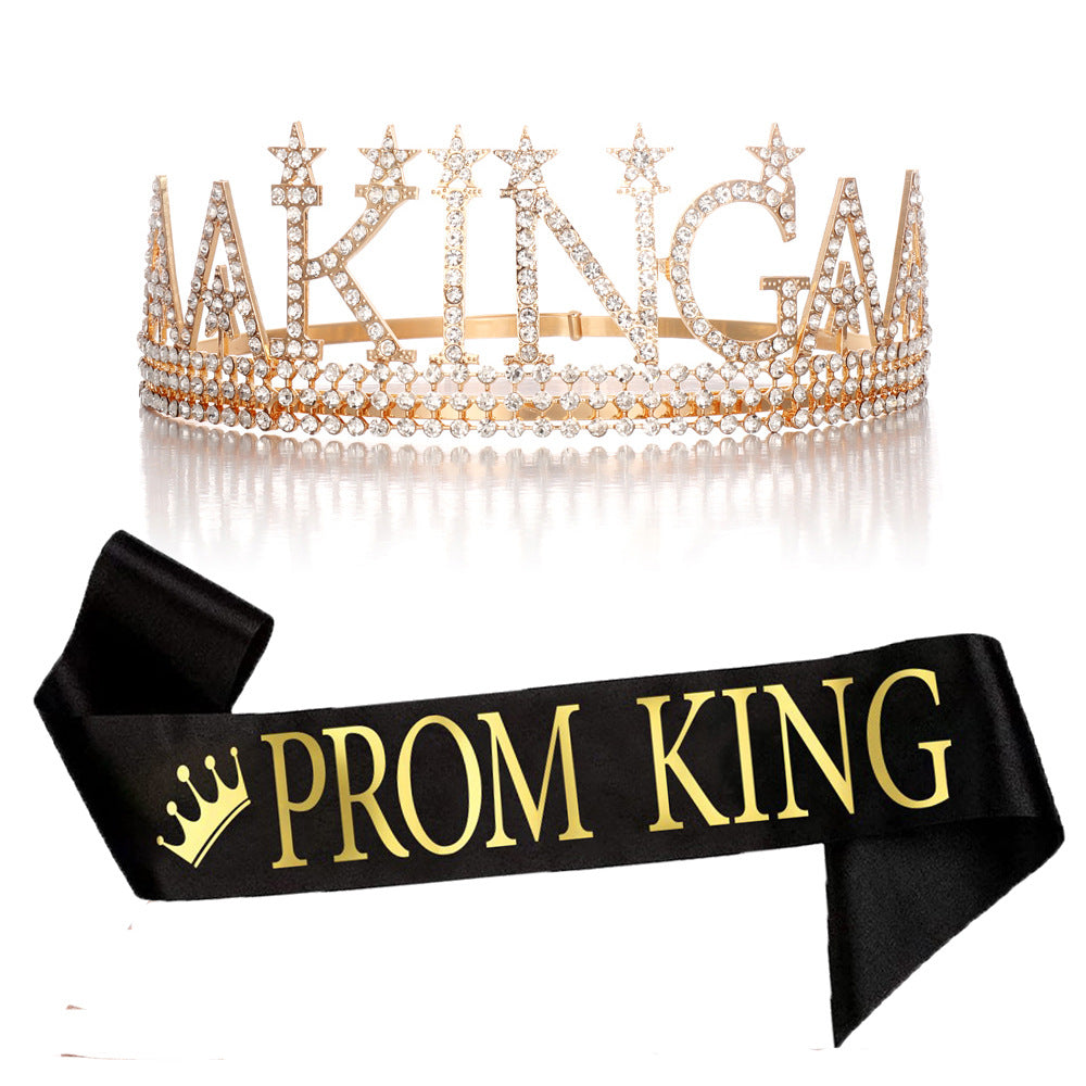 Ladies Glittering Birthday Crown with a Regal "Birthday King" Sash Set Stornfield