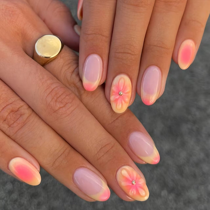 Artistic Almond-Shaped Press-On Nails with Floral Accents Stornfield