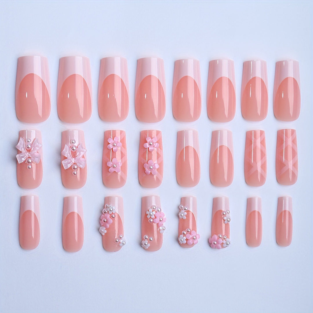 Acrylic nail set with elegant 3D flowers and ribbon decorations Stornfield