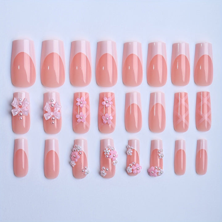 Acrylic nail set with elegant 3D flowers and ribbon decorations Stornfield
