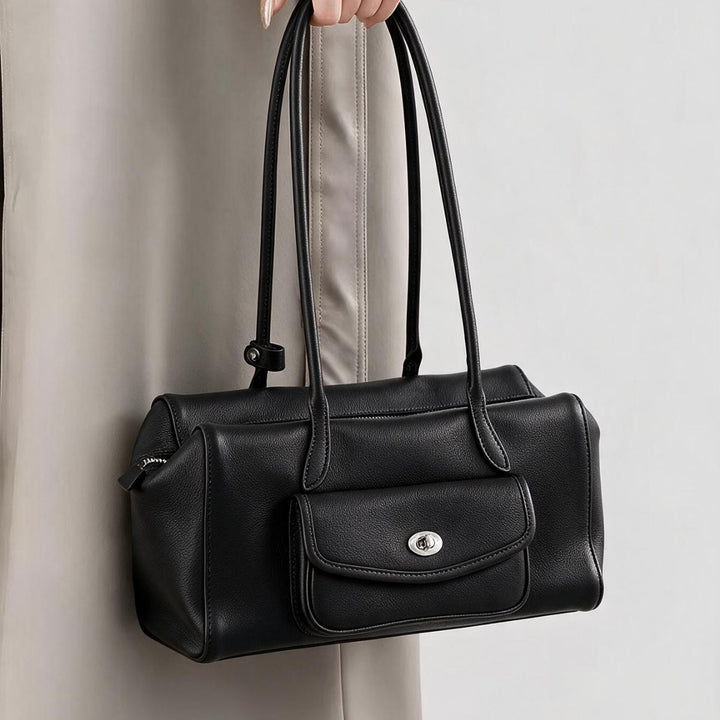 Structured Barrel Tote with Front Turn-Lock Pocket and Double Shoulder Straps