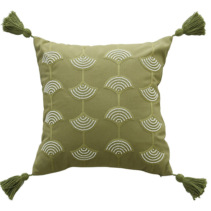 Square decorative pillow with embroidered fan motif and decorative tassels