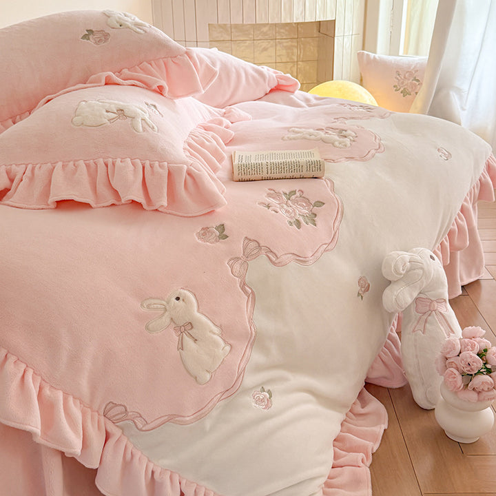 Luxurious bedding set with ruffles and floral embroidery