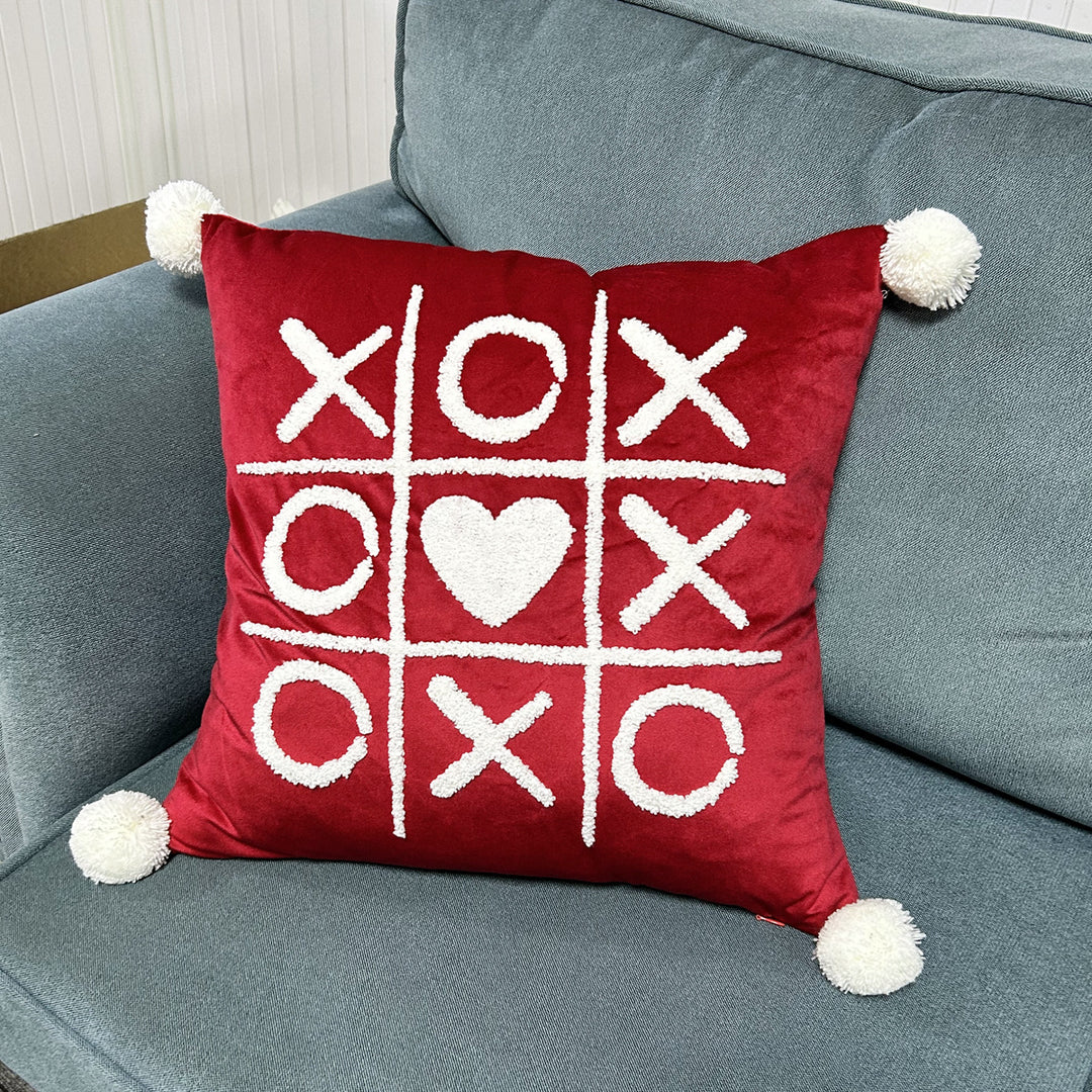 Square Decorative Pillow Cover with Fuzzy Heart Appliqué and Tassel Corners