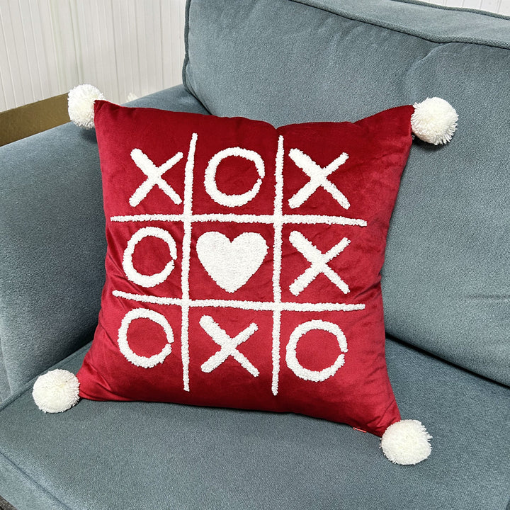 Square Decorative Pillow Cover with Fuzzy Heart Appliqué and Tassel Corners