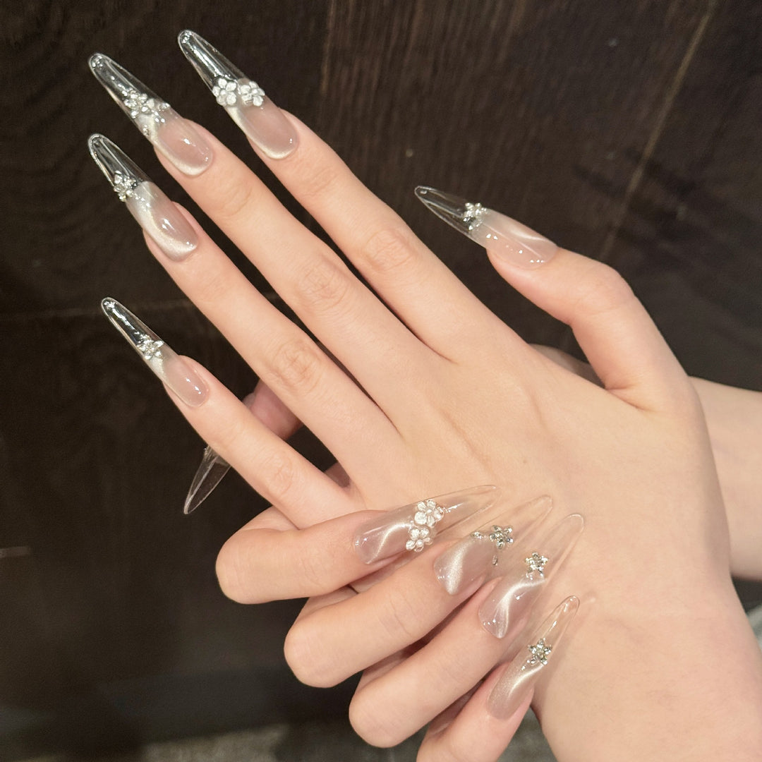 Decorative Acrylic Press-On Nail Set with Gem Accents