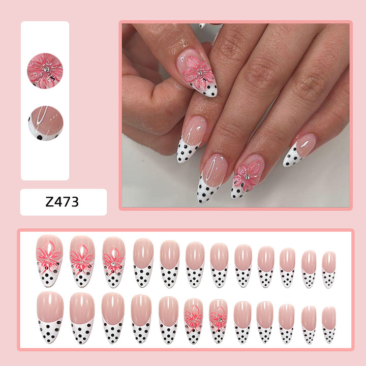 Artificial nails with elegant flower design and dots Stornfield