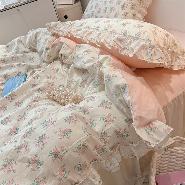 Ruffled Floral Lace-Trim Duvet Cover Set with Pillow Shams