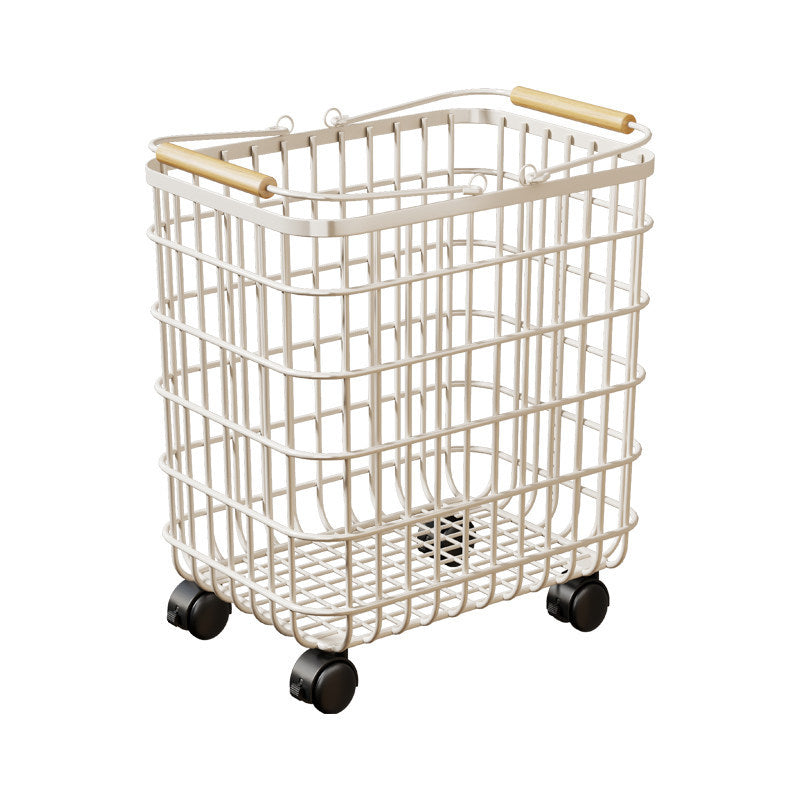 Rolling Wire Laundry Basket with Wooden Handles and Locking Casters
