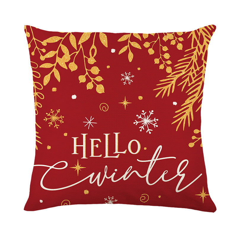 Square Holiday Linen-Feel Throw Pillow Cover with Hello Winter Script and Metallic Gold Botanical Accents