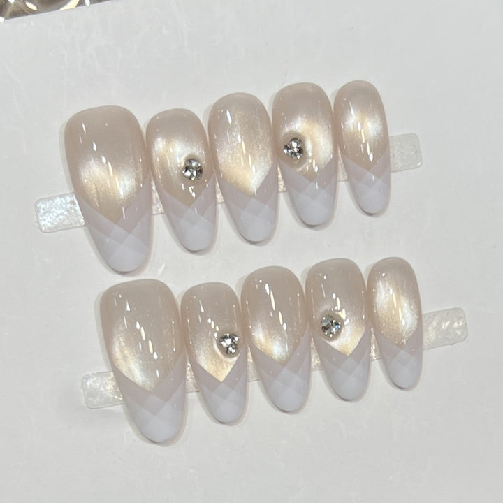 Elegant Geometric Press-On Nail Set with Rhinestone Detail Stornfield