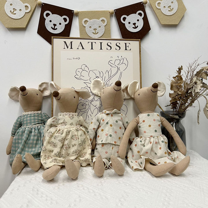Handcrafted Linen-Blend Mouse Plush Doll with Checkered Overalls