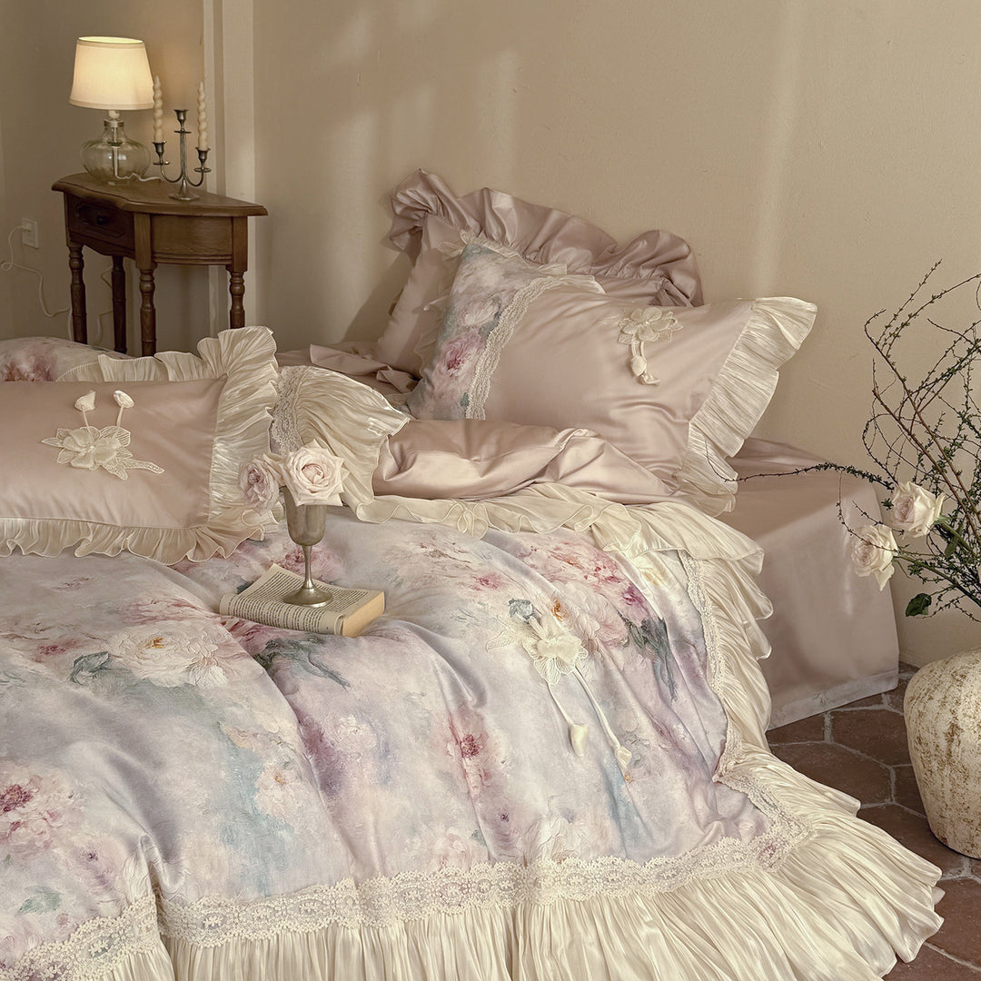 Floral Watercolor Sateen Ruffled Duvet Cover Set with Lace Trim and Pleated Bed Skirt
