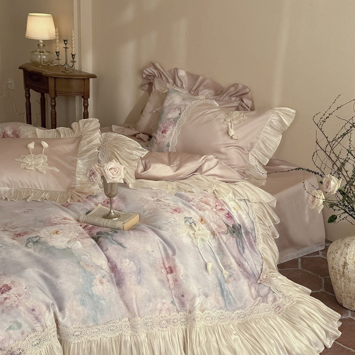 Floral Watercolor Sateen Ruffled Duvet Cover Set with Lace Trim and Pleated Bed Skirt