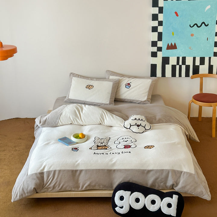 Cartoon-Embroidered Cotton Duvet Cover Bedding Set with Plush Patch