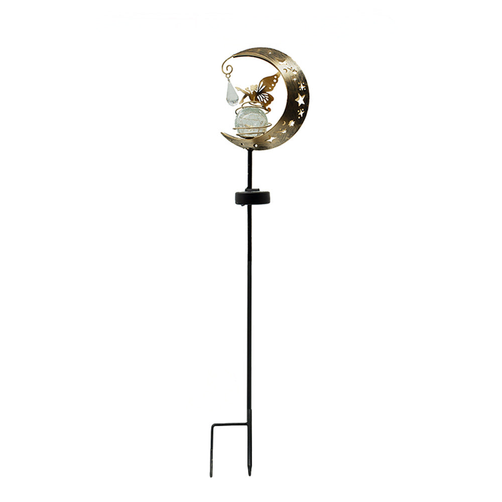 Crescent Moon Solar Garden Stake Light With Rotating Crackle Glass Orb And Butterfly Accent Stornfield