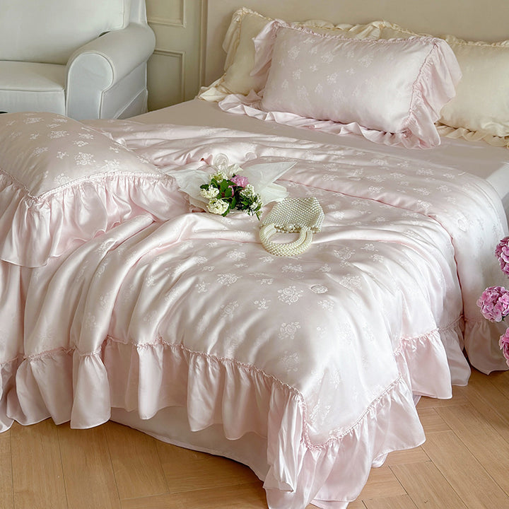 Elegant satin bedding set with jacquard floral pattern and ruffles