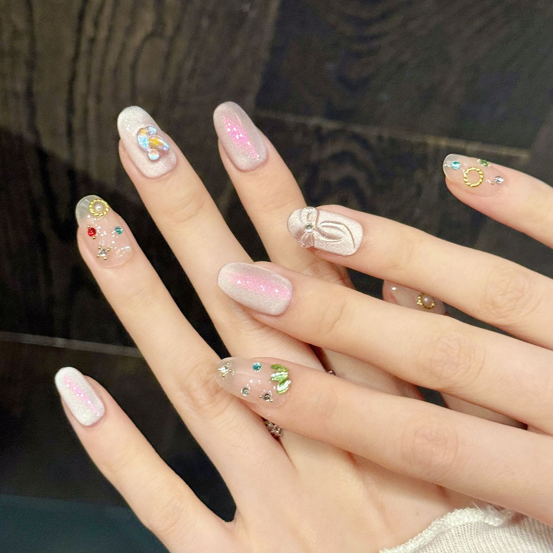 Decorative Press-On Nail Art Set with Unique Gem and Bow Accents