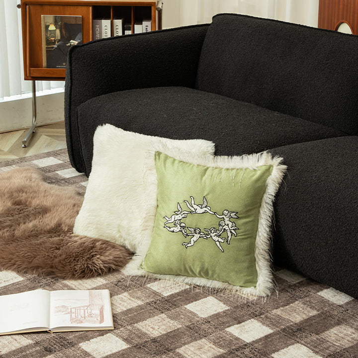 Square decorative velvet cushion cover with faux fur trim and cherub embroidery Stornfield
