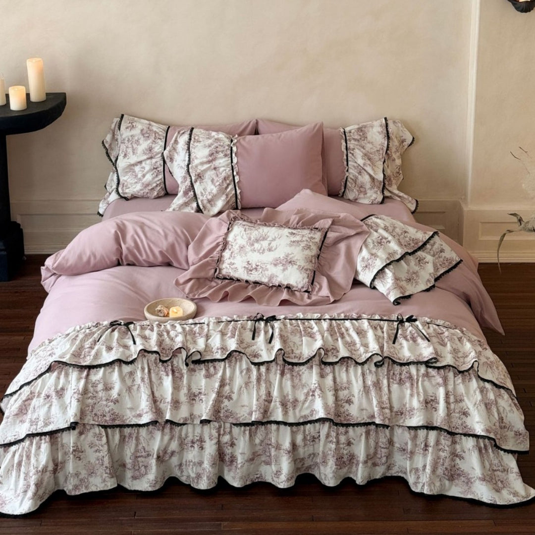 Ruffled Toile Floral Duvet Cover Set with Layered Ruffle Bed Skirt & Decorative Shams