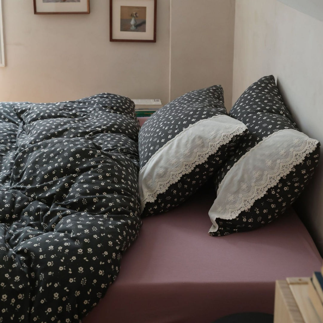 Floral Microcotton Duvet Cover Set with Lace-Trim Pillow Shams