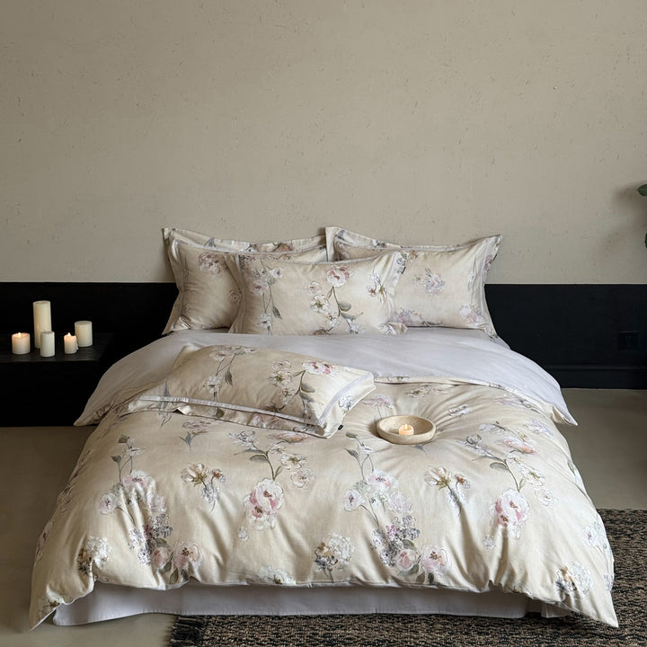 Luxury Botanical Watercolor Print Cotton Sateen Duvet Cover Set with Contrasting Hem and Euro Pillow Shams