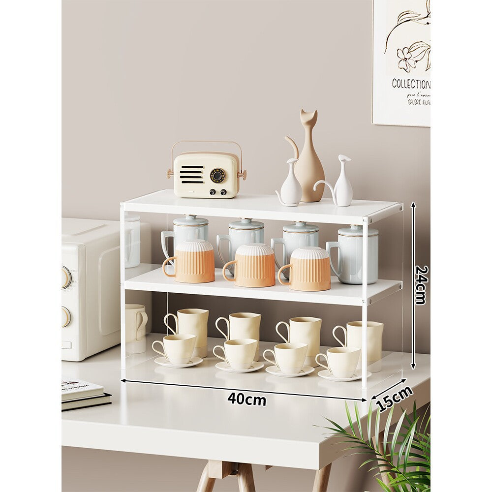 Multi-Level Bamboo-Style Countertop Kitchen Mug and Canister Organizer Shelf with Open Wood Shelves and Slim Metal Frame