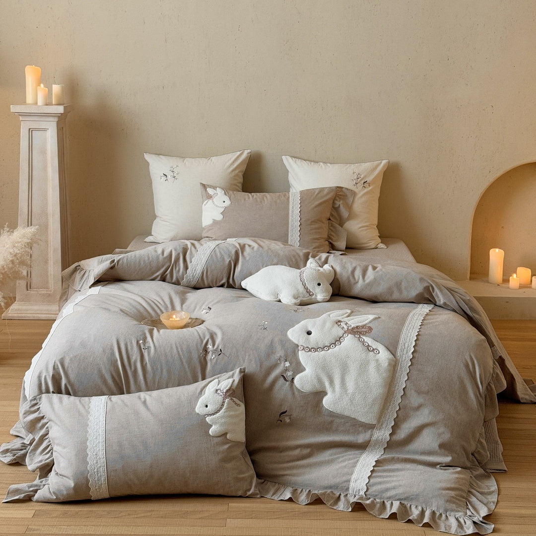 Linen Embroidered Ruffled Duvet Cover Set