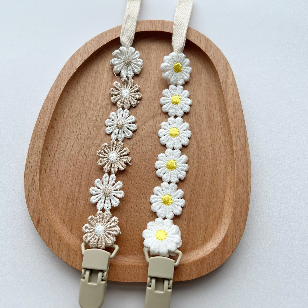 Crochet Daisy Pacifier Clip with Cotton Strap