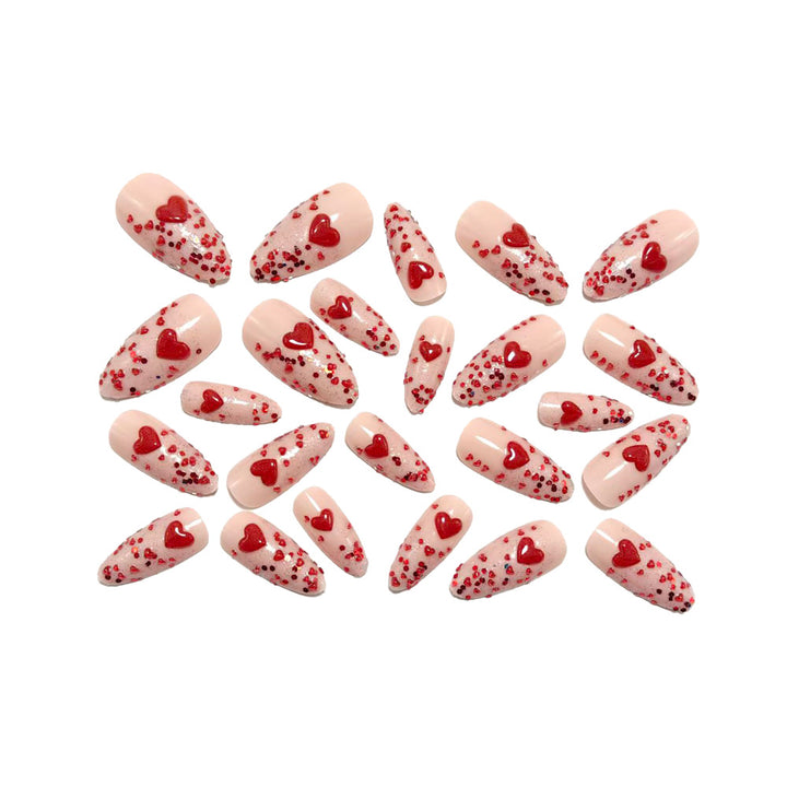 Artificial nails with sparkling heart design and glitter coating Stornfield