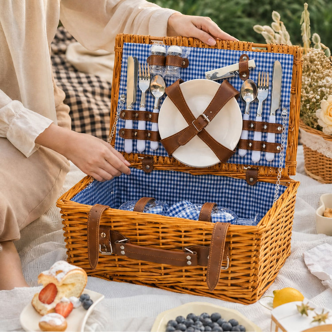 Ladies Luxury Picnic Basket with Offset Dish Compartment and Floral Lining Stornfield