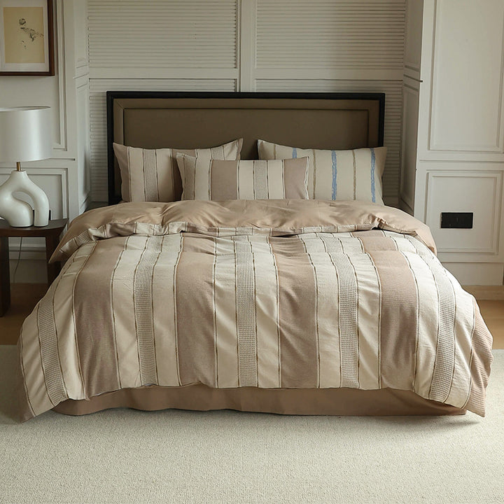 Striped Textured Cotton-Linen Duvet Cover Set with Decorative Euro Shams
