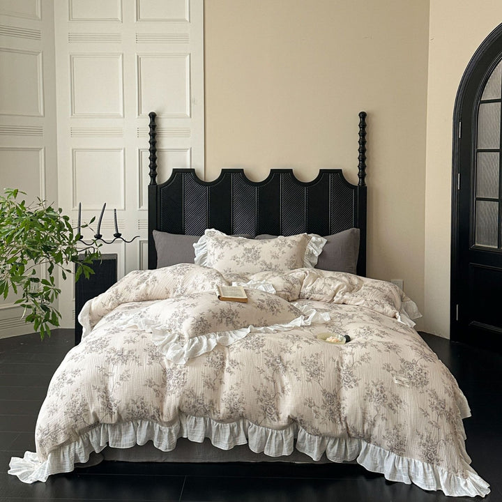Crinkled Cotton Ruffled Duvet Cover Set with Floral Textured Finish & Frilled Shams