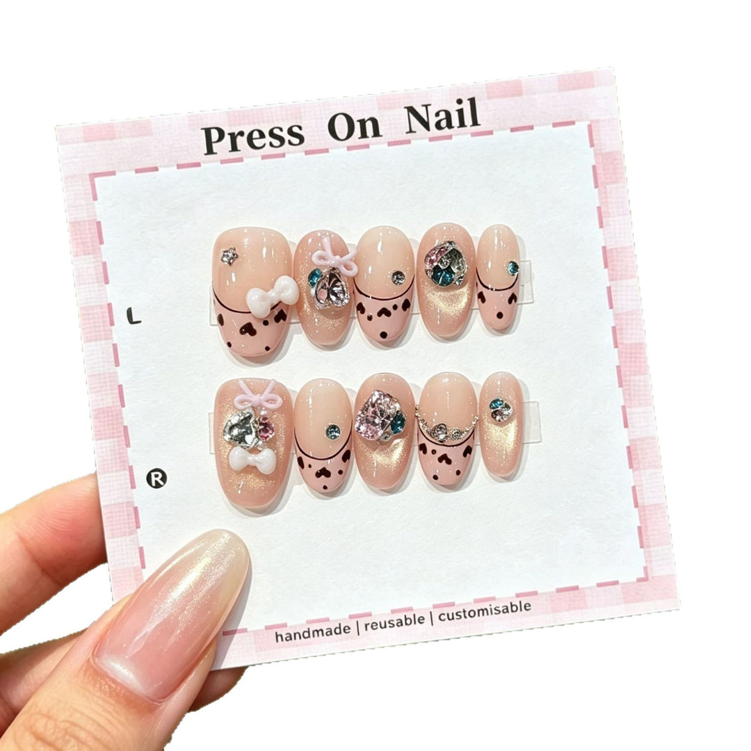 Decorative Press-On Nail Art Set with Elegant Bow and Gem Accents