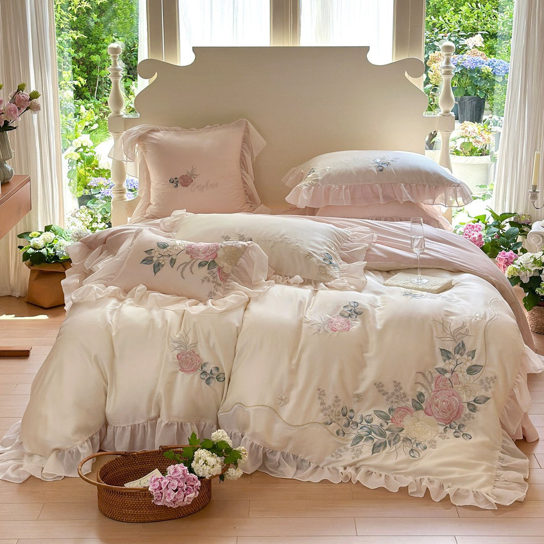 Rose-Embroidered Ruffled Satin-Feel Duvet Cover Ensemble with Decorative Frill and Pillow Shams