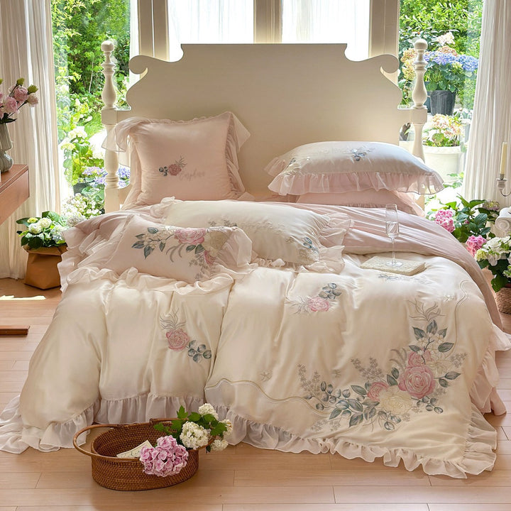 Rose-Embroidered Ruffled Satin-Feel Duvet Cover Ensemble with Decorative Frill and Pillow Shams
