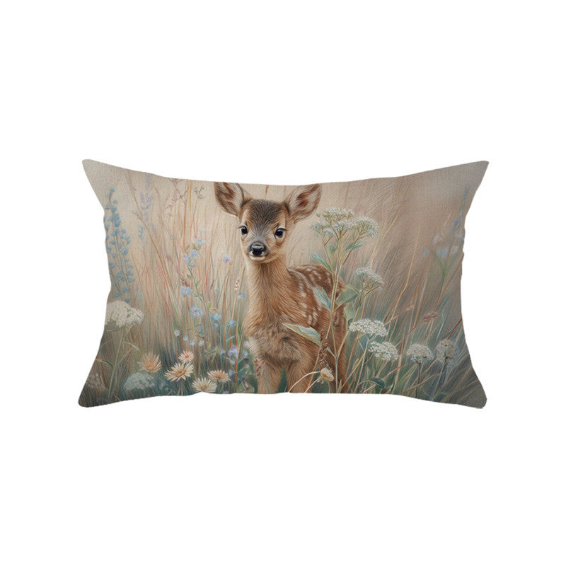 Decorative Rectangular Cotton-Linen Pillow Cover with Kitten Garden Illustration