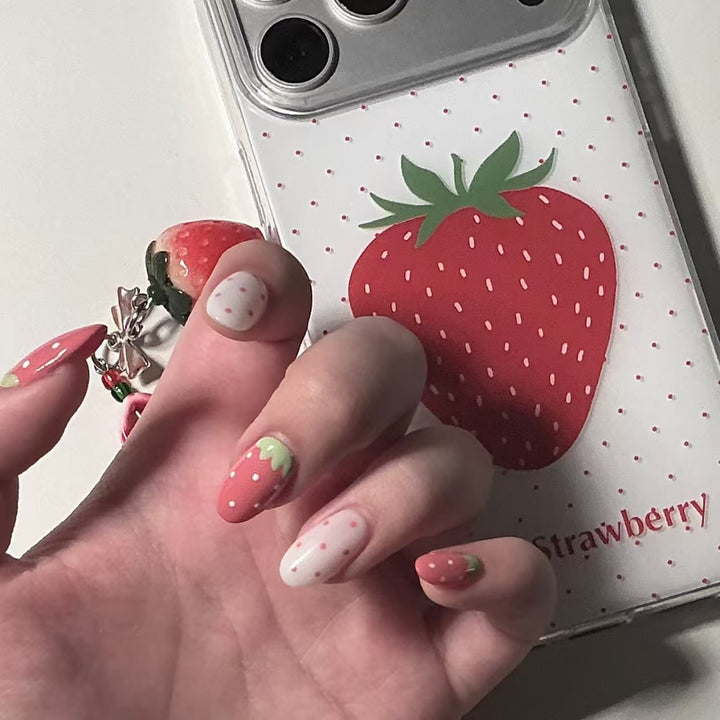 Strawberry-Themed Acrylic Nail Extensions