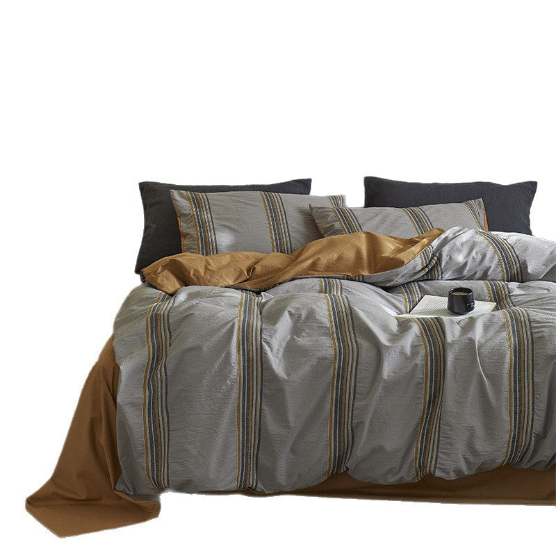 Embroidered Stripe Organic Cotton Duvet Cover Set with Pillow Shams