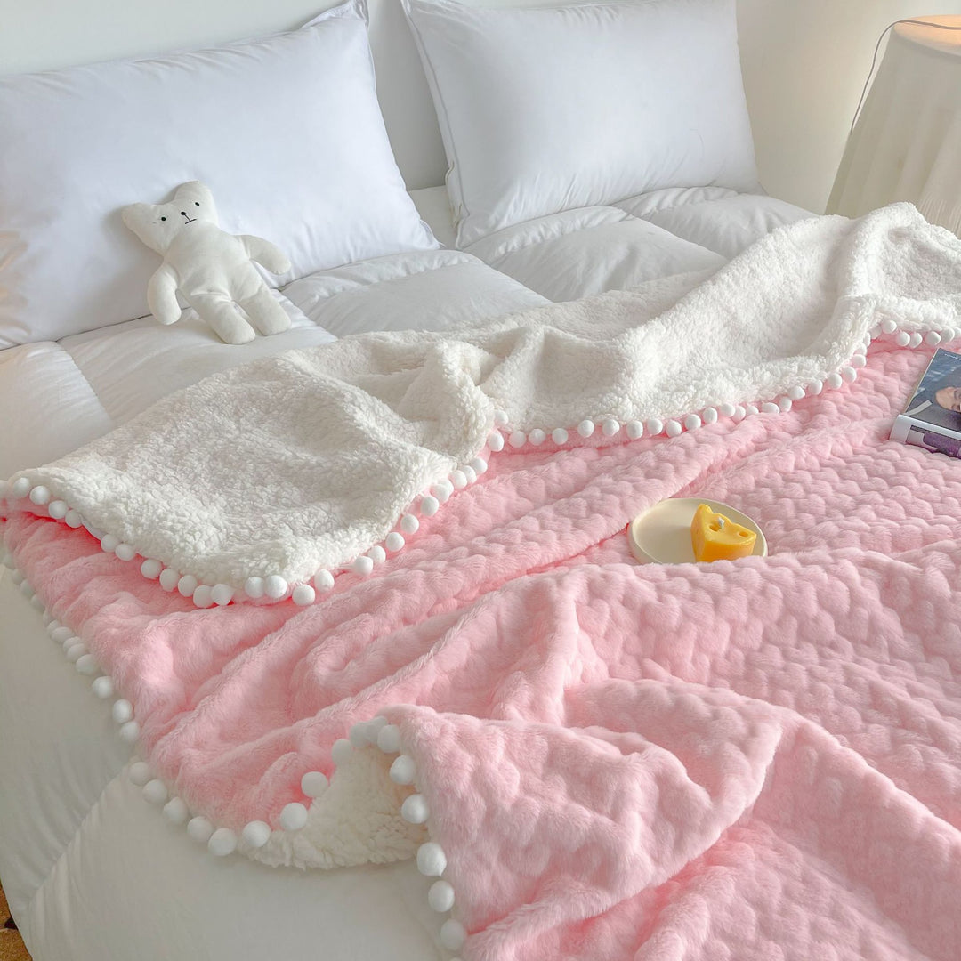 Plush Reversible Sherpa Throw Blanket with Pom-Pom Edge