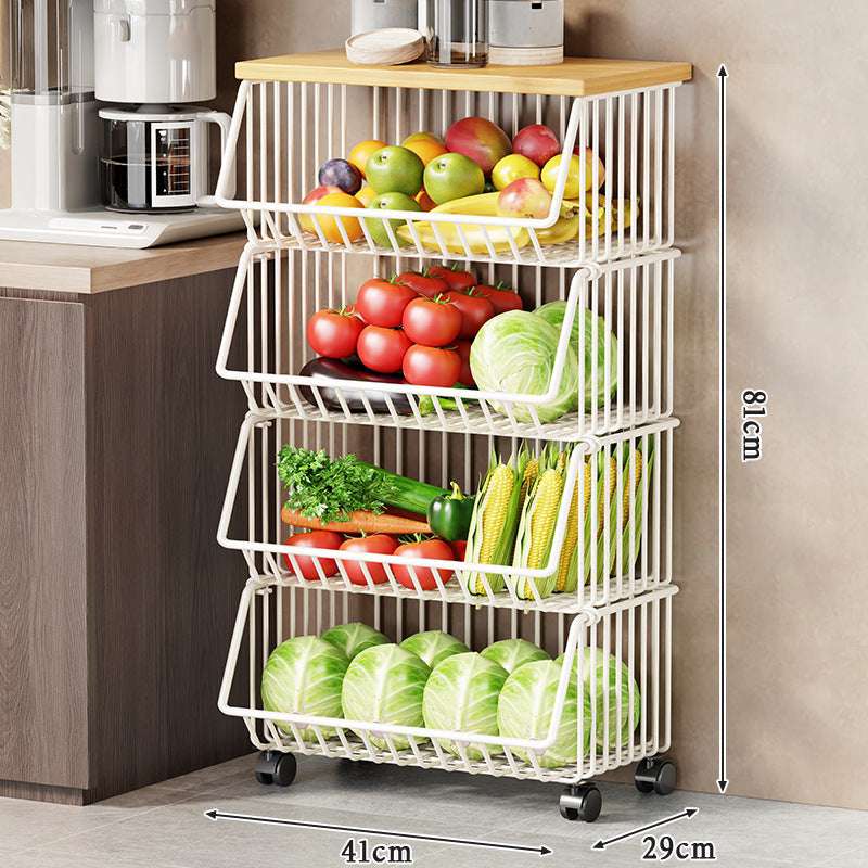 Slim Vertical Multi-Tier Fruit and Vegetable Storage Cart with Wood Top and Locking Casters