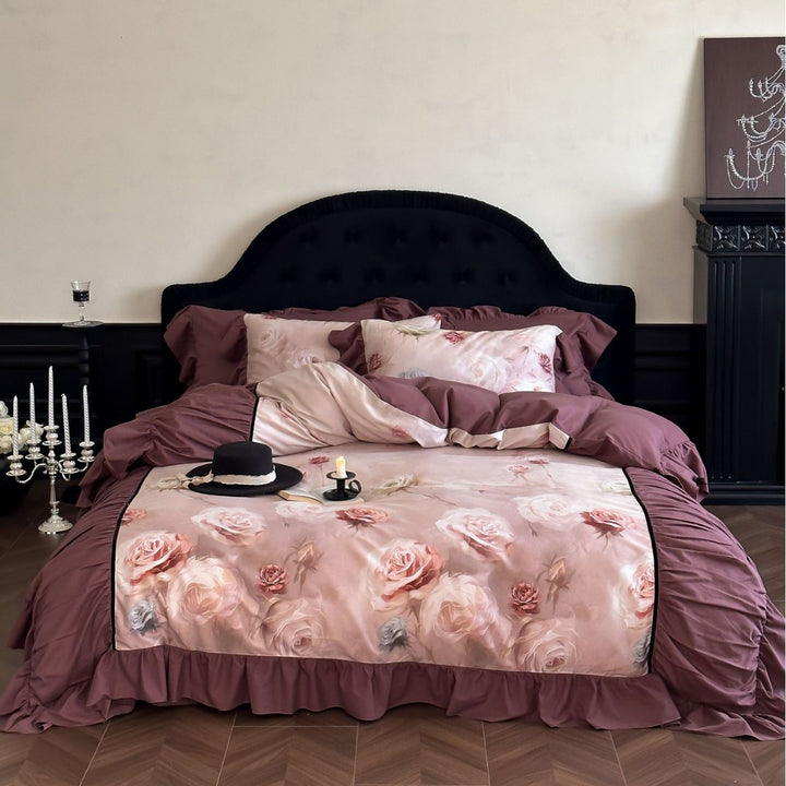 Romantic bedspread and pillow set with rose watercolor, ruffle, and satin trim
