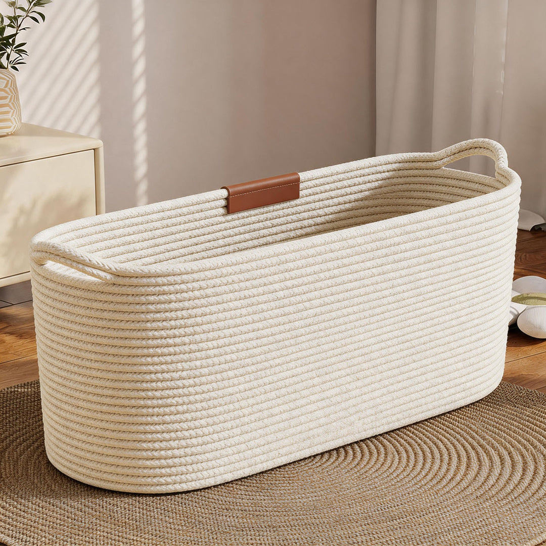 Braided Cotton Rope Round Storage Basket with Reinforced Leather Patch Handles