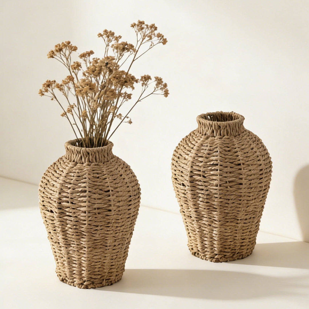 Decorative basket vase made of woven natural material Stornfield