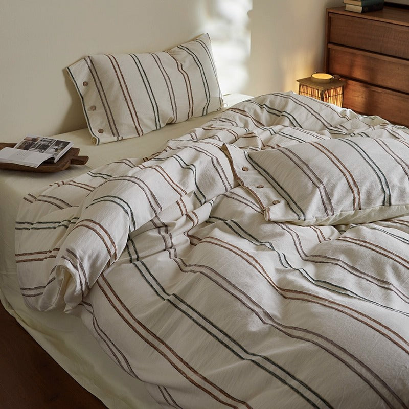 Breathable Washed Linen-Blend Striped Duvet Cover Set with Envelope Pillow Shams