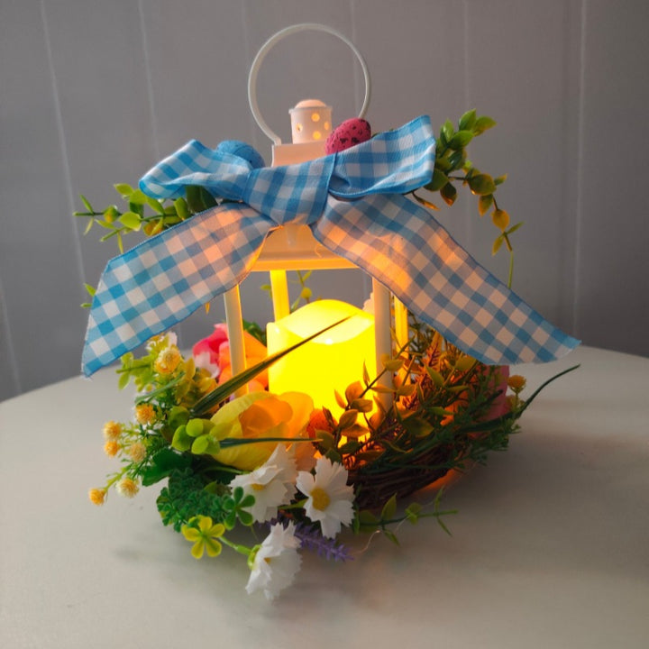 Decorative table lantern with artificial flowers and ribbon Stornfield